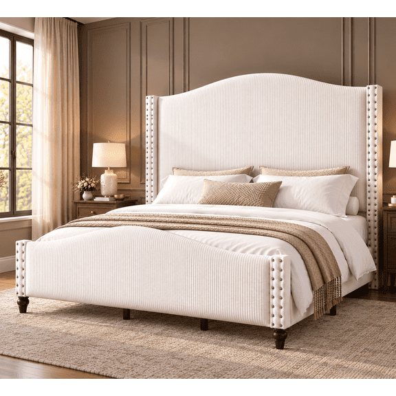 Doyolan Queen Upholstered Bed Frame with 65" Tall Wingback Headboard, Corduroy Upholstered Bed with Solid Wood Slats & Legs, No Box Spring Needed, 1100 lbs Platform Bed Frame, White