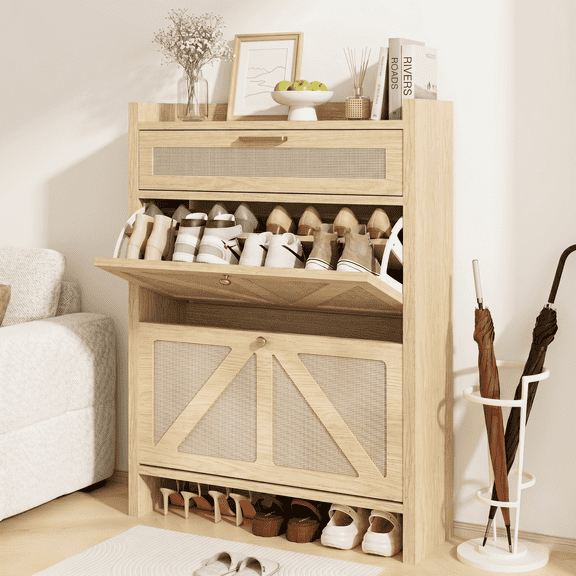 Doyolan Rattan Shoe Storage Cabinet with 2 Flip Drawers and 1 Drawer, Narrow Slim Shoe Rack for Entryway, Farmhouse Boho Style, Rustic Oak