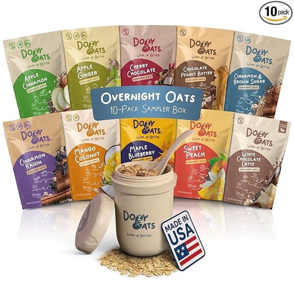 Dozy Oats Overnight Oats 10-Pack Sampler with Jar - Gluten-Free, Source of Fiber and Protein