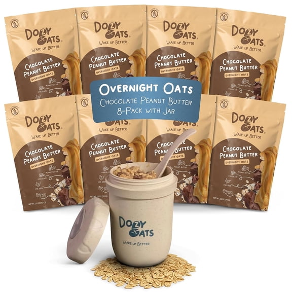 Dozy Oats Chocolate Peanut Butter Overnight Oats Multipack, 8 Pack with Jar, Gluten Free Oatmeal, High Fiber Breakfast