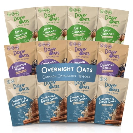 Dozy Oats Cinnamon Oatalicious Variety Overnight Oats, 12 Pack, Gluten Free Oatmeal with Real Fruit, High Fiber