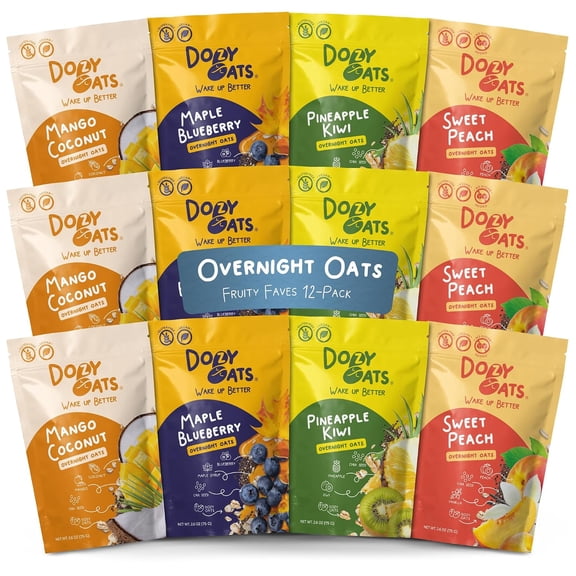 Dozy Oats Fruity Faves Overnight Oats Variety Pack, Gluten Free, Real Fruit, 12 Pack, High Fiber