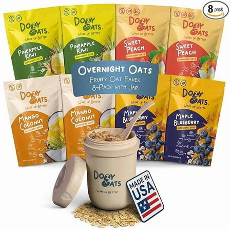 Dozy Oats Fruity Faves Overnight Oats 8-Pack With Jar - Gluten-Free, Vegan, Good Source of Fiber and Protein