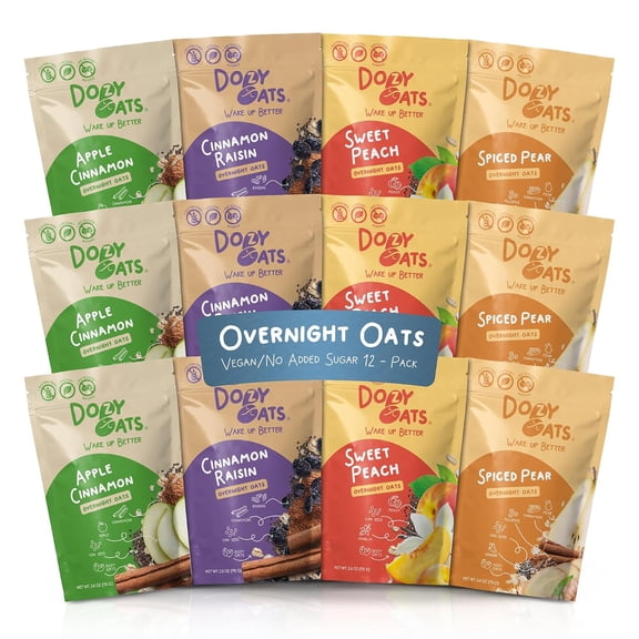 Dozy Oats Vegan No Added Sugar Overnight Oats Variety Pack, 12 Pack, Gluten Free Oatmeal, Real Fruit, High Fiber