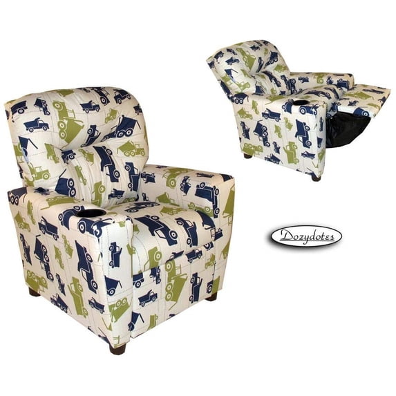 Dozydotes Contemporary Cup Holder Cotton Kid Recliner in Green/Blue/White