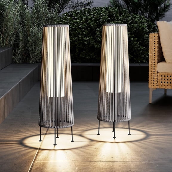 Dozzle 2-Pack Outdoor Solar Floor Lamp, Wicker Design Waterproof Deck Light for Patio, Yard and Garden, Gray