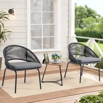 Dozzle 3-Piece Patio Bistro Set with Cushions, All-Weather Woven Rope Chairs and Coffee Table for Balcony, Garden,Black