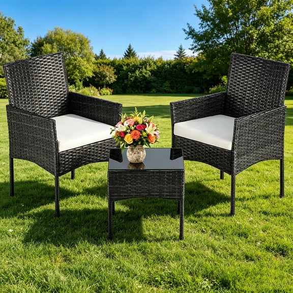Dozzle 3-Piece Patio Bistro Set with Cushions, All-Weather Woven Rope Chairs and Coffee Table for Balcony, Garden,Black