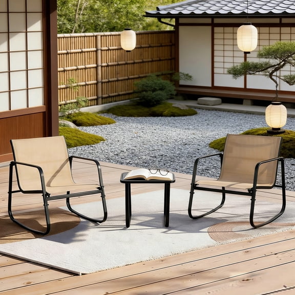 Dozzle 3-Piece Outdoor Patio Rocking Chair Set, Arc-Shaped Base for Gentle Swaying, Breathable Textilene Cushions & Tempered Glass Table, Outdoor Bistro Seating for Garden, Poolside, Brown