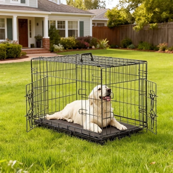 Dozzle 48-Inch Secure & Portable Dog Crate: Foldable Metal Wire Kennel with Enhanced Lock, Dual-Door Design for Medium & Large Dogs, Black