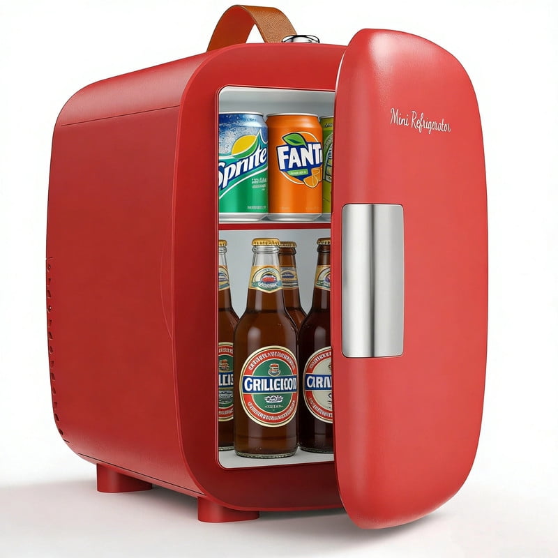 Dozzle 4L Mini Fridge , Holds 6 Cans, Keeps Skincare and Snacks Chilled with Dual 110V/12V Power, Compact Companion for Dorm, Office, and Car,Red
