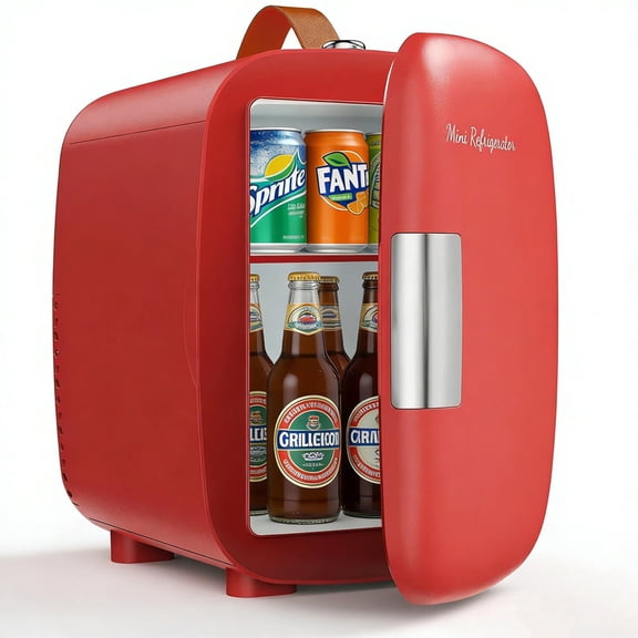 Dozzle 4L Mini Fridge , Holds 6 Cans, Keeps Skincare and Snacks Chilled with Dual 110V/12V Power, Compact Companion for Dorm, Office, and Car,Red