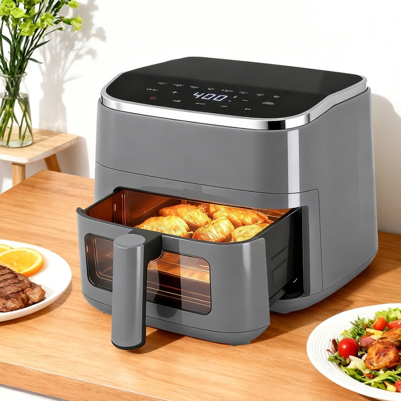 Dozzle 4QT Visual Window Air Fryer, 1500W Touchscreen Display with 8 Cooking Presets, Automatic Shut-Off, Nonstick Basket Dishwasher Safe, 60-Minute Timer, Up to 400°F, Gray
