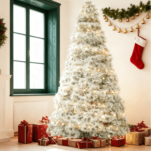 Dozzle 6ft Pre-Lit Snow Flocked Christmas Tree - 250 Warm White LEDs & 700 Branch Tips | Perfect for Home, Office & Holiday Decor