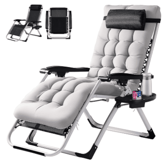Dozzle Zero Gravity Heavy-Duty Recliner Chair with Enhanced Padded Cushion & Detachable Cup Holder, Foldable Reclining Lounge Chair for Patio, Indoor, Camping, and Beach , Gray