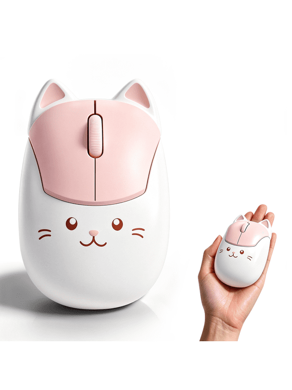 Wireless Mouse 2.4GHz & Bluetooth Dual Mode Cute Cat Mouse Kawaii Kitty Silent Portable Travel Mouse for Laptop Desktop PC Tablet Smartphone, Gift for Girls, Teens & Kids, Pink