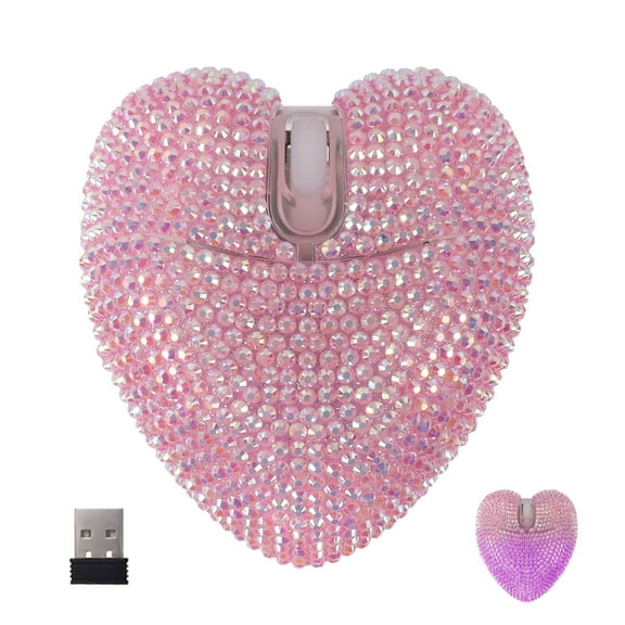 Dpisuuk Wireless Mouse Bluetooth Cute Bling Crystal Rhinestone Pink Heart Shape Computer Mice with LED Light 2.4GHz & Bluetooth Rechargeable USB Cordless Mouse for Laptop PC Tablet Kids Adults Gift