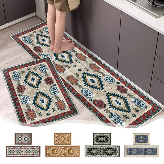 Dpityserensio 2-Piece Ethnic Kitchen Rug Set Machine Washable Non-Slip Bathroom Floor Mat Home Fall Decor