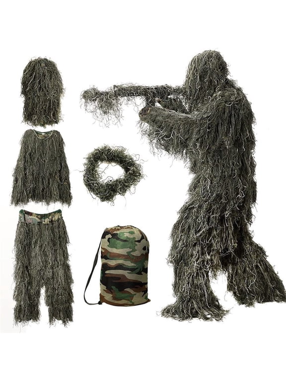 5 In 1 Ghillie Suit 3D Camouflage Hunting Apparel Including Jacket Pants Hood Carry Bag
