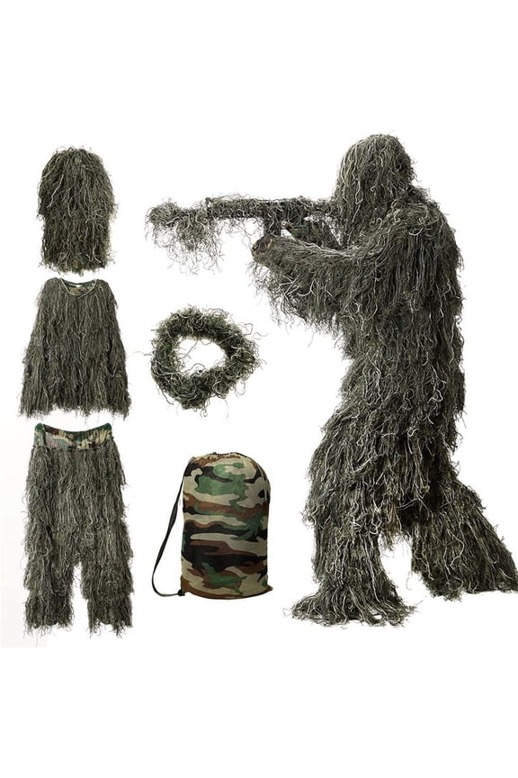 5 In 1 Ghillie Suit 3D Camouflage Hunting Apparel Including Jacket Pants Hood Carry Bag