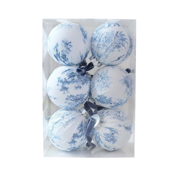 Dpityserensio 8CM Toile Print Fabric Wrapped Christmas Ornaments Balls 6 Pcs Vintage Chinoiserie Xmas Tree Hanging Decorations With Velvet Ribbon