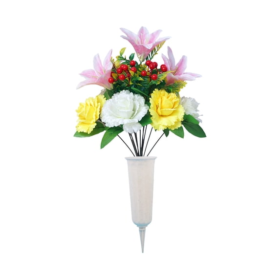 Dpityserensio Artificial Flower Grave Decoration with Ground Stake, Fake Silk Flowers for Cemetery Headstone Memorial Weather Resistant Remembrance Gift