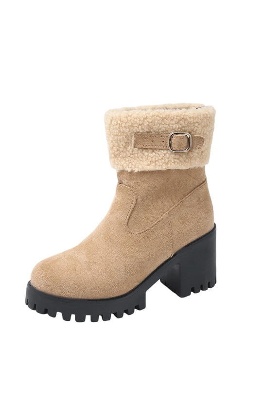 Boots for Women All-Match Warm High Heel Shoes Chunky Heel Belt Buckle Furry Toe Ankle Boots
