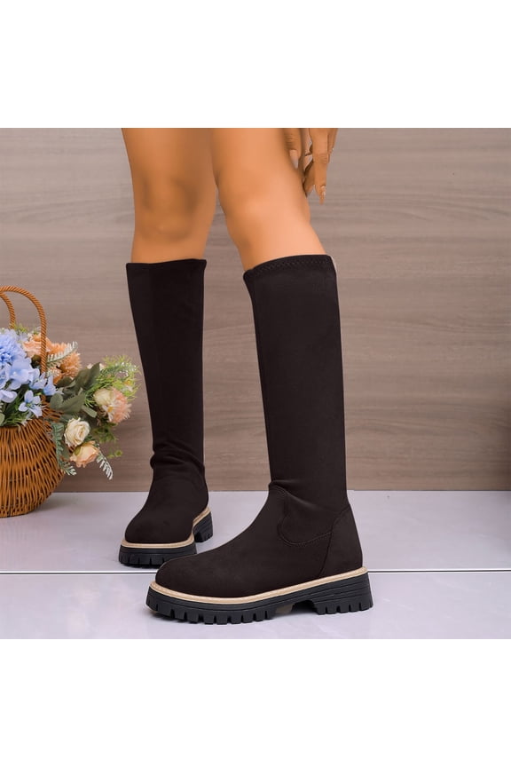 Boots for Women Versatile Solid Color Thick Heel Round Toe Elastic Skinny Boots Slim Long Boots Mid-Heel Mid-Calf Boots