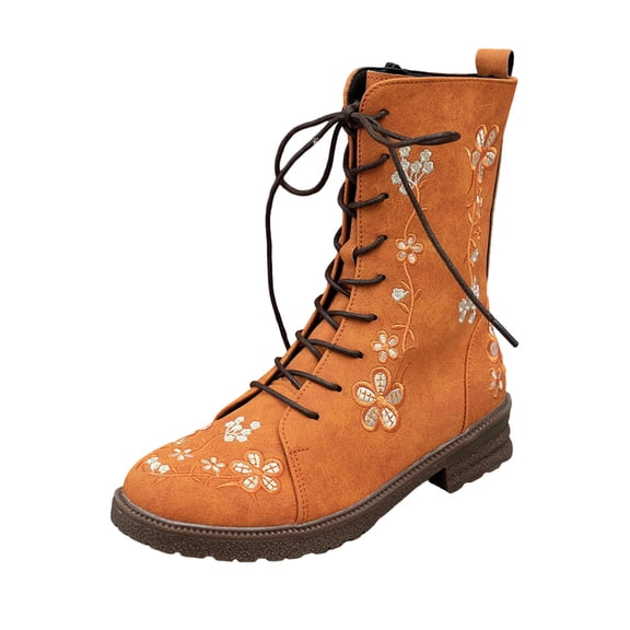 Dpityserensio Boots for Women Winter Ankle Boots Solid Color Flower Embroidery Round Toe Front Lace-Up Side Zipper Low Heel Ankle Boots