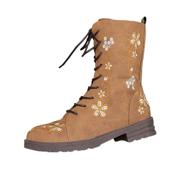 Dpityserensio Boots for Women Winter Ankle Boots Solid Color Flower Embroidery Round Toe Front Lace-Up Side Zipper Low Heel Ankle Boots