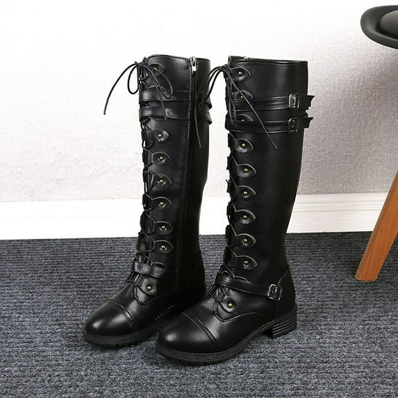 Dpityserensio Boots for Women Winter Solid Color Round Toe Belt Buckle Strap Long Boots Low Heel Mid-Calf Boots