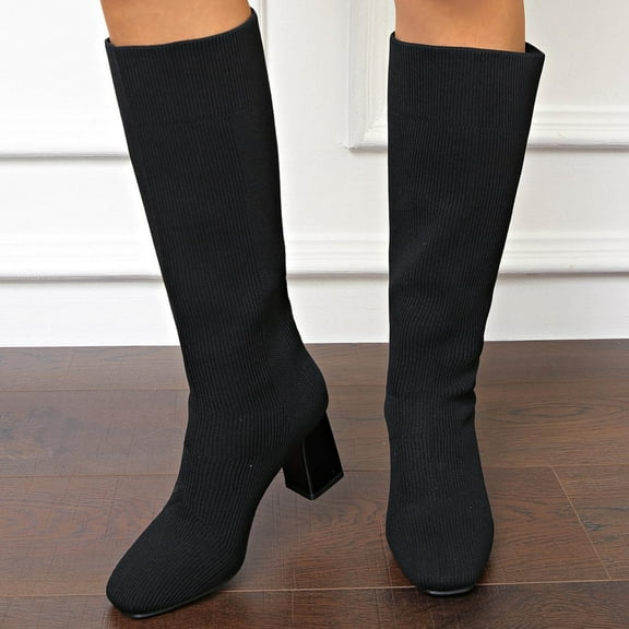 Dpityserensio Boots for Women Winter Solid Color Round Toe Thick Heel Slim Breathable Elastic Skinny Boots High Heel Mid-Calf Boots