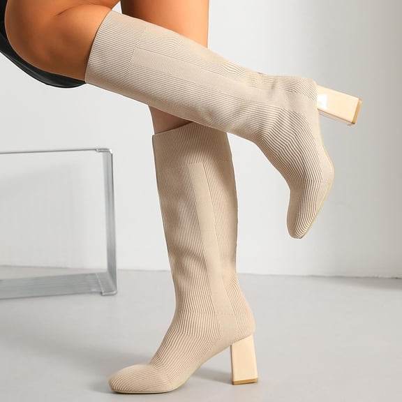 Dpityserensio Boots for Women Winter Solid Color Round Toe Thick Heel Slim Breathable Elastic Skinny Boots High Heel Mid-Calf Boots