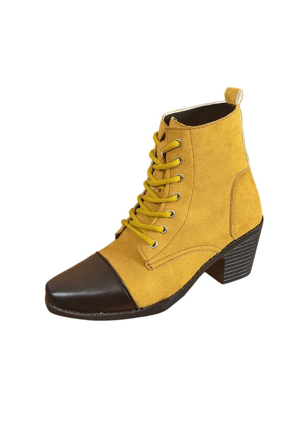 Boots for Women Winter Square Toe Thick Heel Lace-Up Splicing Color Short Barrel Boots