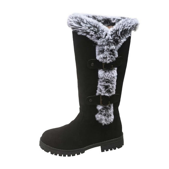 Dpityserensio Boots for Women Winter Velvet Warm Long Snow Boots Solid Color Round Toe Low Heel Knee-High Boots