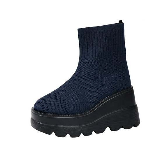 Dpityserensio Boots for Women Winter Versatile Elastic Leg Short Boots Solid Color Round Toe Thick Bottom Wedge Heel Ankle Boots