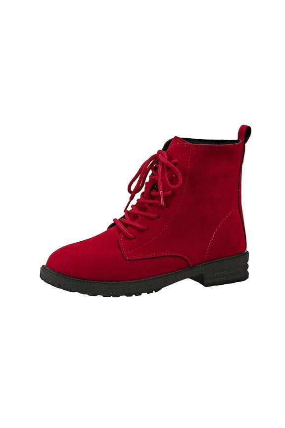 Boots for Women Winter Versatile Short Boots Solid Color Round Toe Front Lace-Up Thick Heel Low Heel Ankle Boots