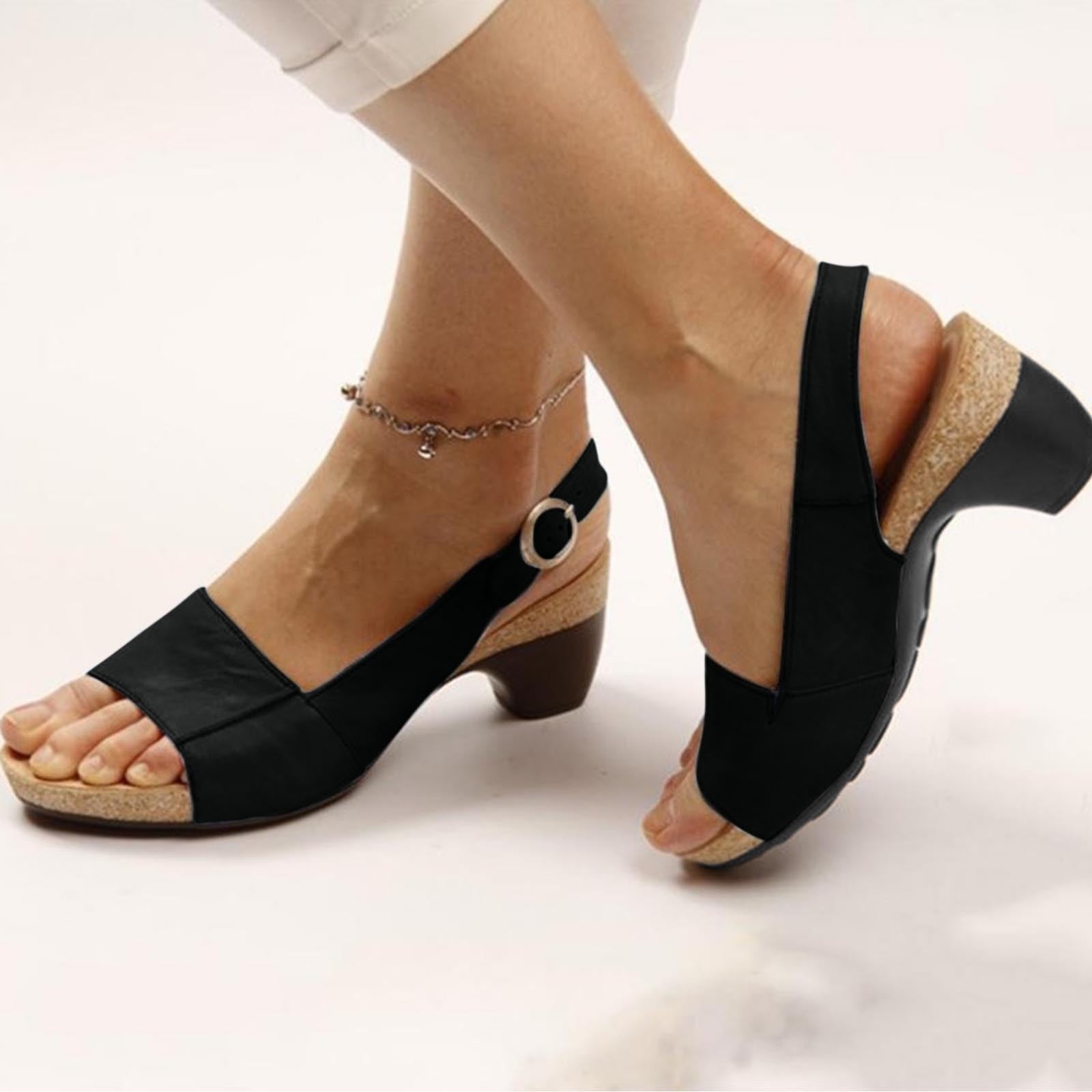 Spring and summer new style thick heel Women's sandals High heel Buckle  Open toe women's shoes brown high 8cm plus size 32-46 - AliExpress