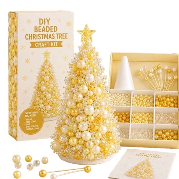 Dpityserensio DIY Beaded Christmas Tree Craft Kit Create Your Own Pearl Tabletop Decor, Holiday Ornament Art Supplies for Adults