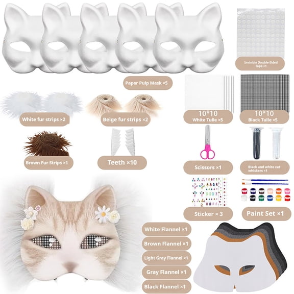 Dpityserensio DIY Cat Mask Making Kit (5 Pack),Craft Set for Adults, Paintable Blank Therian Mask, Cosplay Party Favor