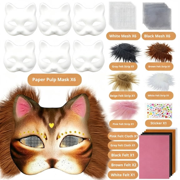 Dpityserensio DIY Cat Mask Making Kit (6 Pack),Craft Set for Adults, Paintable Blank Therian Mask, Cosplay Party Favor