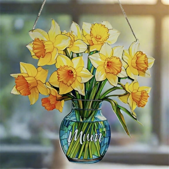 Dpityserensio Fall Decor Stained Glass Daffodil Suncatcher With Vase Hanging Flower Ornament Home Decor