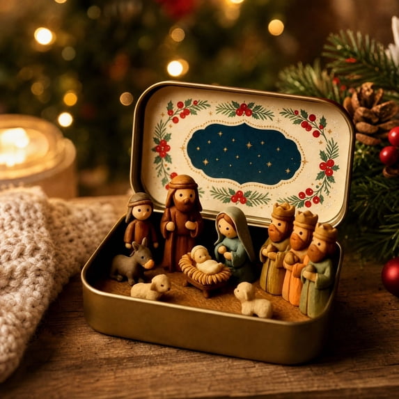 Dpityserensio Mini Christmas Nativity Set in a Tin Box, Religious Figurine Scene with Jesus Mary Joseph, Holiday Tabletop Decor