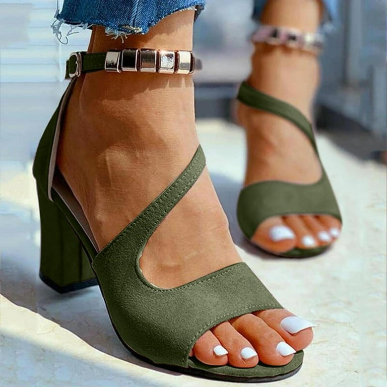 Dpityserensio New Buckle Strap Chunky Heel Sandals Women s High Heels Beaded Fish Mouth Women s Sandals Summer Sandals for Women Dressy Green 4.5 35