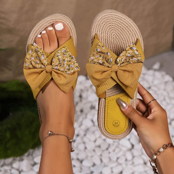 Dpityserensio Sandals for Women Casual Home And Outdoor Versatile Floral Bow Round Toe Open-Toe Flat Summer Slides