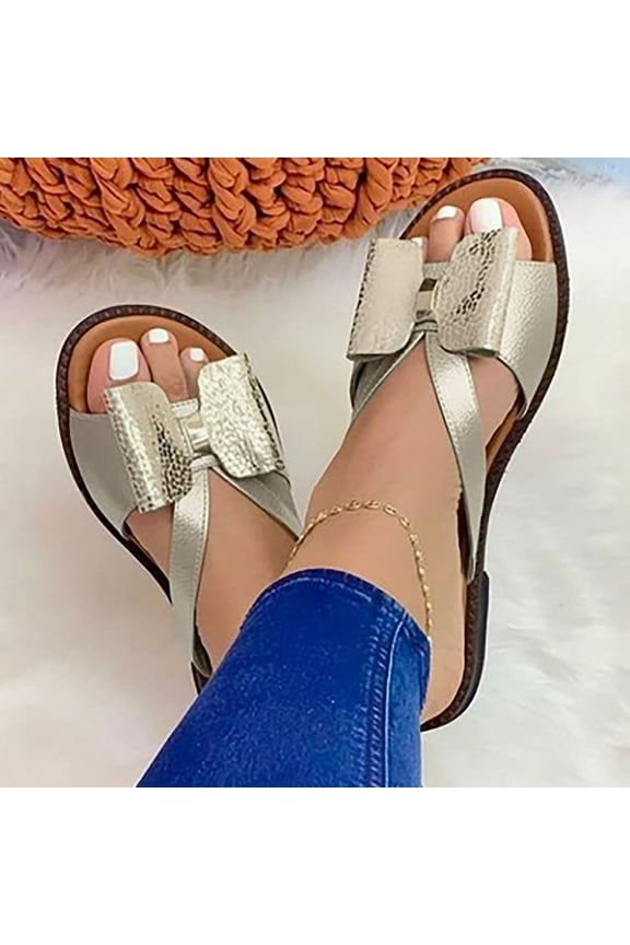 Stretch Orthotic Slide Sandals Sandals Woven Beach Wedge Slippers Bow Shoes Sandals for Women Gold 9.5-10(42)