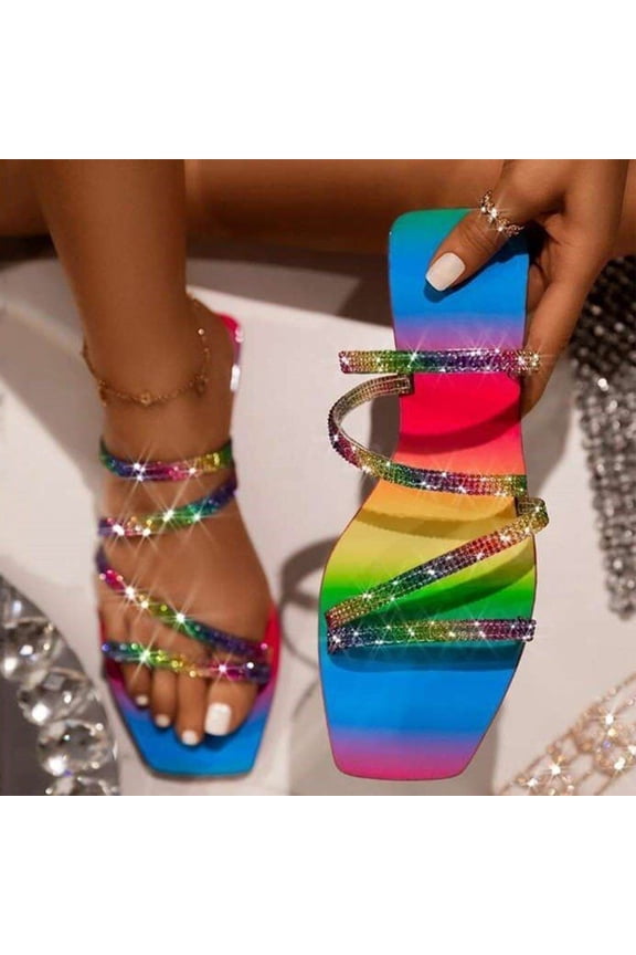 Summer Fashion Big Size One-Line Rhinestone Square Head Flat Sandals Summer Sandals for Women Dressy Multicolor 6.5(38)