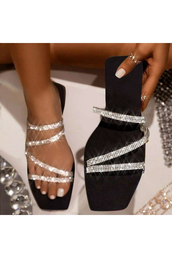 Summer Fashion Big Size One-Line Rhinestone Square Head Flat Sandals Summer Sandals for Women Dressy Silver 4.5(35)
