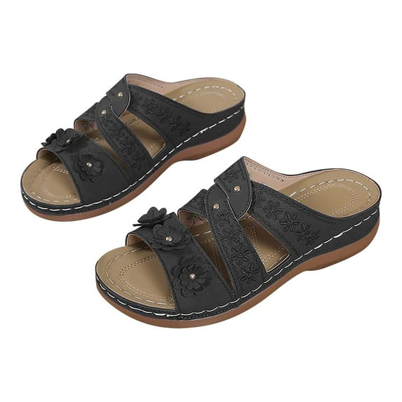 Dpityserensio Summer Ladies Fashion Slippers Women's Flower Slope Heel Sandals Casual Wear Shoes Black 9.5(43)