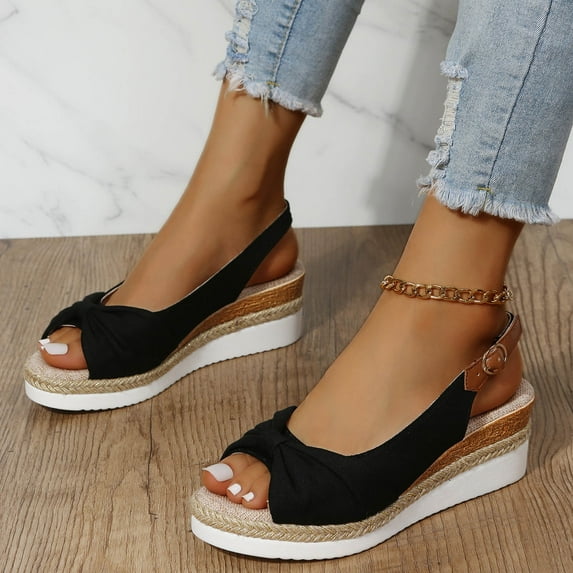 Dpityserensio Summer Ladies Shoes Fish Mouth Medium Wedge Heel Metal Buckle Women's Sandals Black 6(37)